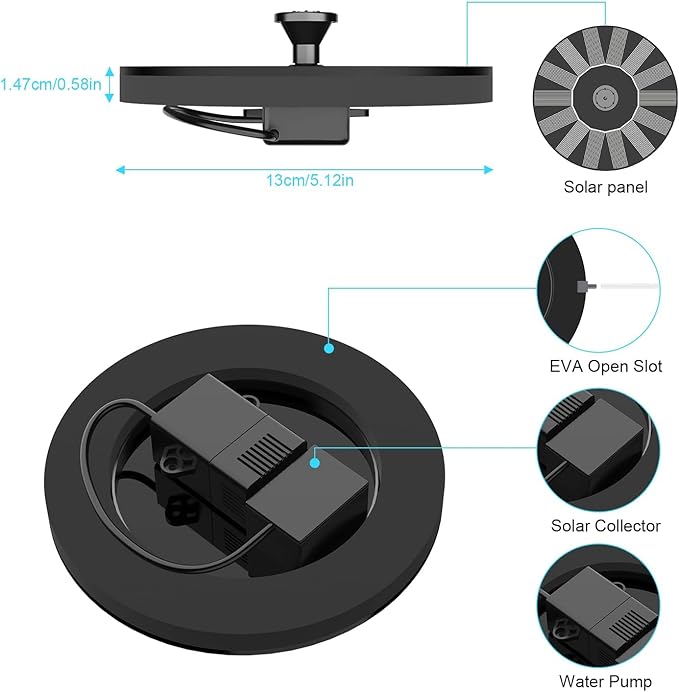 Solar Fountains,Solar Water Fountain,Solar Powered Bird Bath Fountain with 6 Nozzles - Free Standing Floating Solar Water Fountain for Bird Bath, Garden, Pond, Pool (Black-1W)-VerdiqueGarden