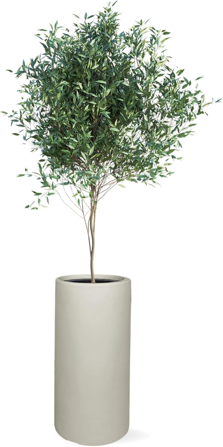 19.5" H x 9.8" D Tubo Fiberstone Cylinder Tall Planter with Drainage Hole, Smooth Finishes, for Indoor and Outdoor Use, Included 2 Extra Coco Mats (Light French Gray, 8.2" Pot Opening)-VerdiqueGarden