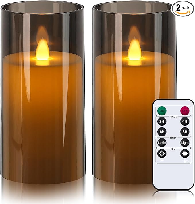 Metaku Flickering Flameless Candles Battery Operated 3D Moving Wick LED Candles with Remote, Set of 2 Grey Acrylic Electric Candles for Christmas Halloween Valentines Wedding Home Decor,D 3"×H 6"-VerdiqueGarden