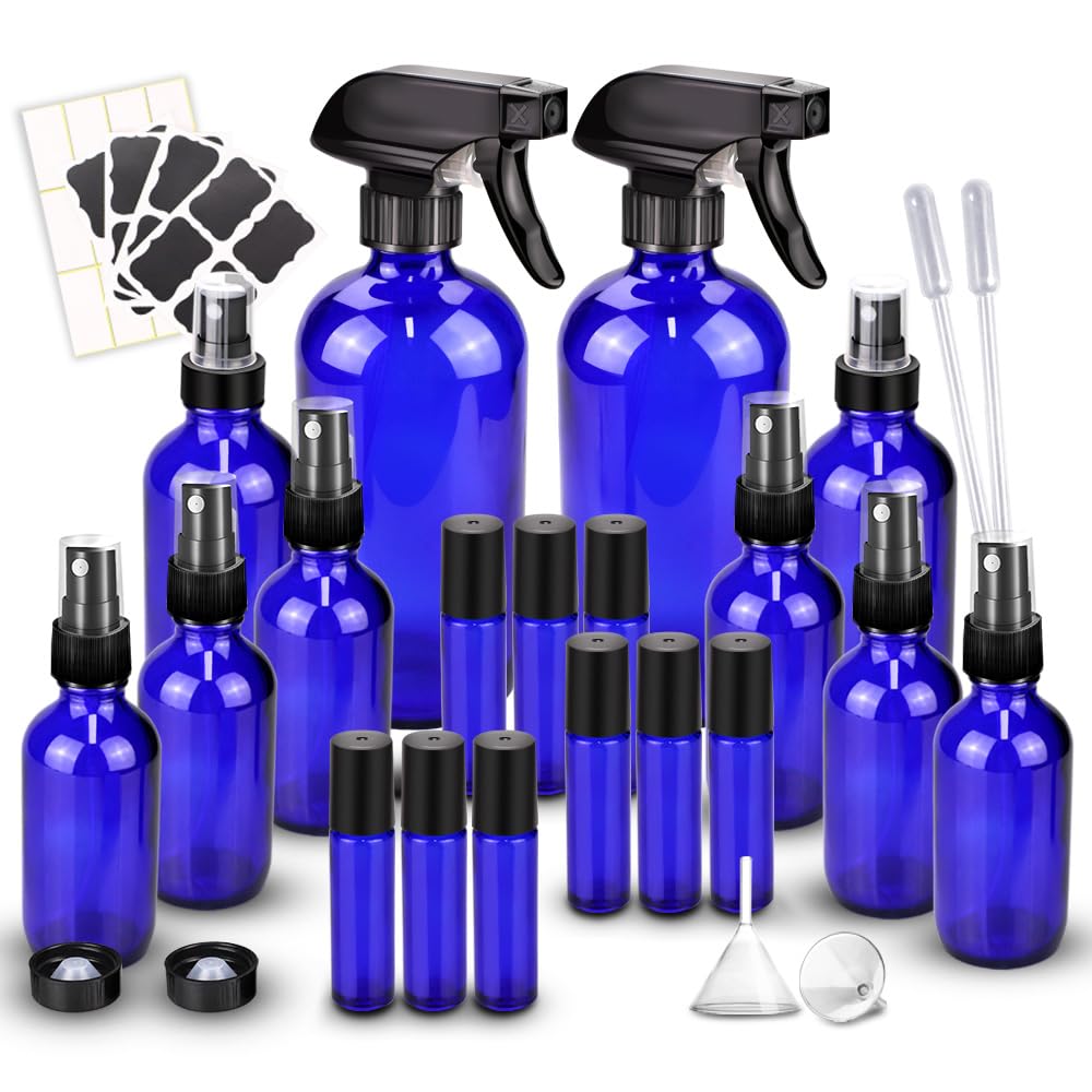 Glass Spray Bottle Kit×10 (2×16 oz, 2×4 oz, 6×2 oz), 9×10 ml Roller Bottles, Anti UV, Multi Size and Versatile, Suitable for Aromatherapy, Facial Moisturizing, Watering, etc.(Blue-VerdiqueGarden