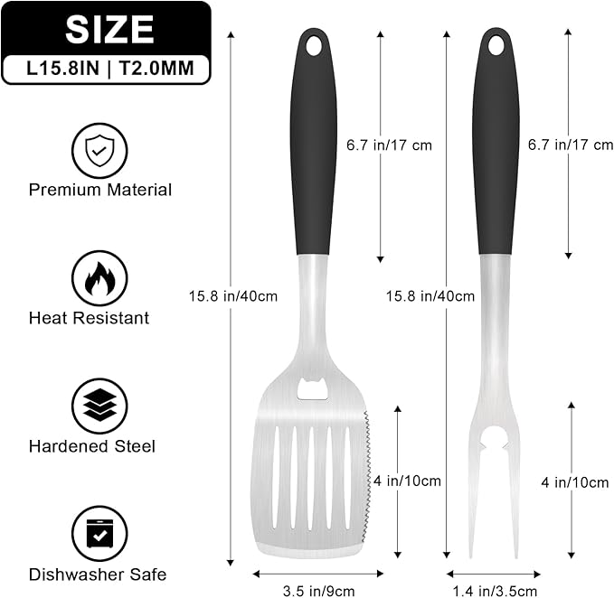 Grill Tools BBQ Accessories Set of 2, 15.8'' Heavy Duty Stainless Steel Grill Utensils with Grill Spatula and Fork, Full Tang Silicone Handle, Outdoor Grilling Tools Barbecue Accessories-VerdiqueGarden