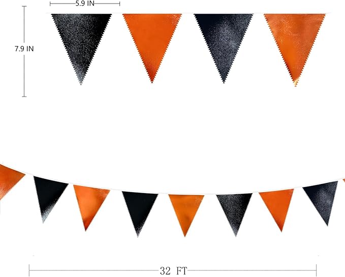 Black Orange Party Decoration Metallic Fabric Triangle Pennant Banner Flag Bunting Garland for Graduation Halloween Fall Autumn Thanksgiving Birthday Wedding Baby Shower Bridal Shower Party Supplies-VerdiqueGarden