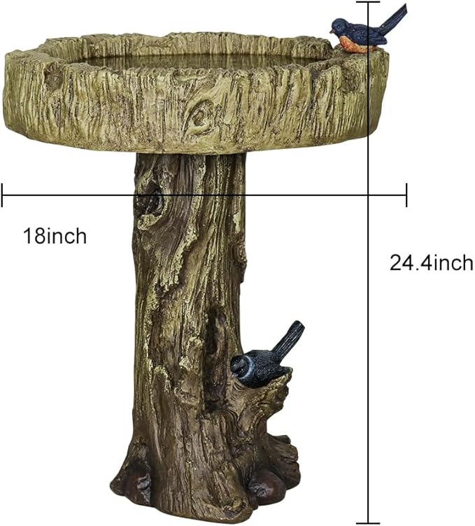 SunJet 24.4 Inch Heigh Wood-Look Concrete Bird Bath with Decorative Faux Bird – birdbath Rustic & Long-Lasting Design, Enhances Garden, Patio, Yard, Lawn Décor-VerdiqueGarden