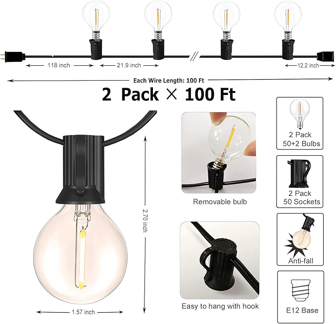 Outdoor String Lights 200FT Waterproof Globe String Lights with 104 Shatterproof G40 LED bulbs, Dimmable Connectable Patio Light String Lights for hanging Bistro Backyard Gazebo,2-Pack x 100ft-VerdiqueGarden