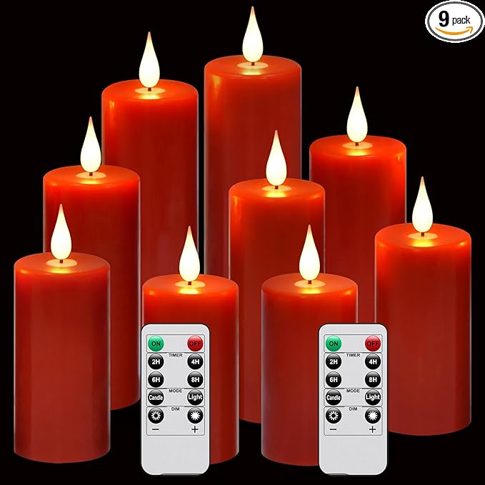 Flameless Flickering Battery Operated Candles 9PACK Real Wax Pillar LED Candles with 10-Key Remote Control and 24 Hours Timer for Wedding, Party, Home Decoration (Red)-VerdiqueGarden