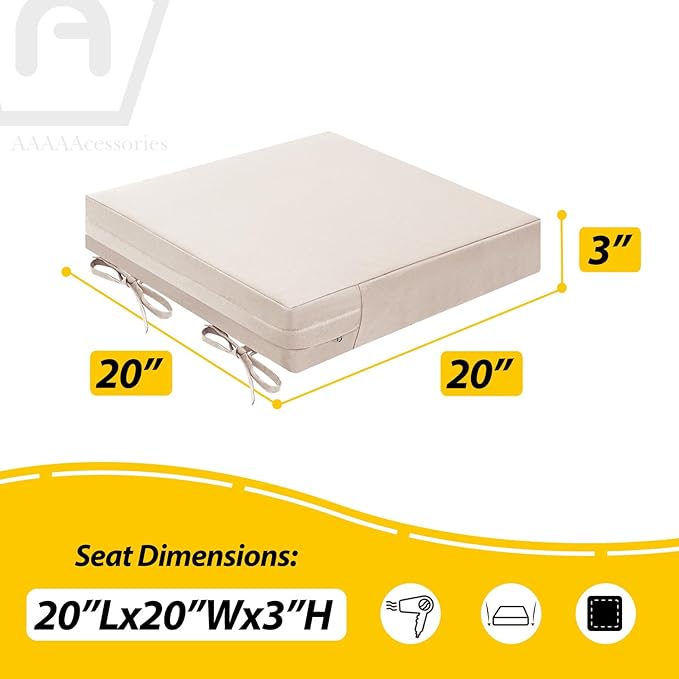 AAAAAcessories Outdoor Seat Cushions for Chairs, Waterproof, Fade-Resistant Patio Furniture Replacement Cushions, 20" x 20" x 3", Set of 2, Khaki Beige-VerdiqueGarden