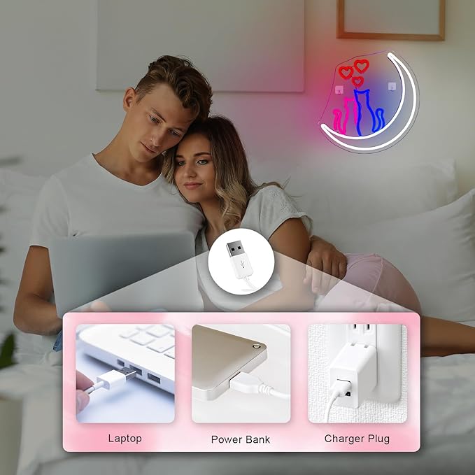 Two Cats on Moon Neon Sign,Cute Couple Kittys Neon Lights for Wall Decor,Kawaii Animal 3D LED Neon,USB Light Up Signs for Girls Bedroom Bar Home Party Valentine's Day Cat Lovers Weddings-VerdiqueGarden