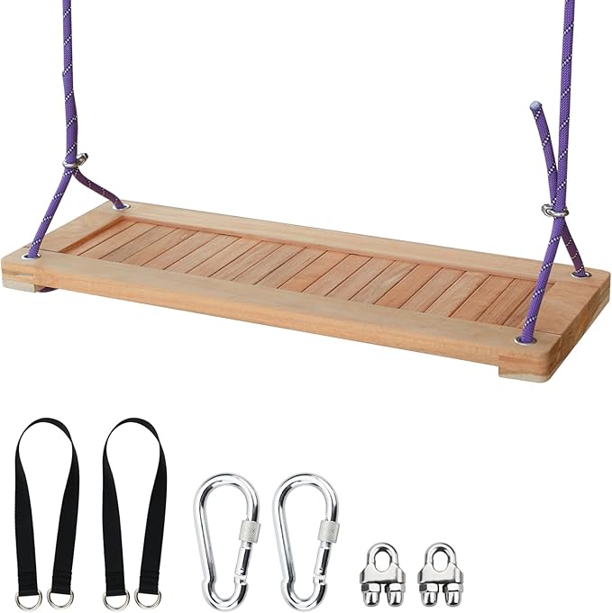 Teak Wooden Swing, Outdoor Wood Tree Swing Seat for Kids or Adults for Backyard Columpio, Height Adjustable (23.8x9inch)-VerdiqueGarden