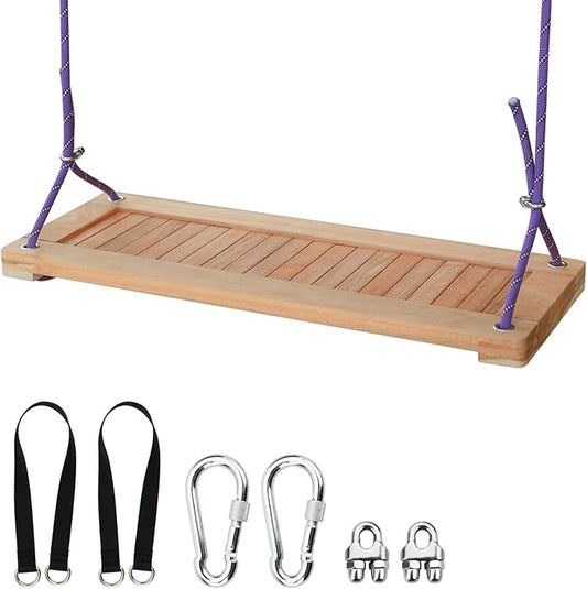 Teak Wooden Swing, Outdoor Wood Tree Swing Seat for Kids or Adults for Backyard Columpio, Height Adjustable (23.8x9inch)-VerdiqueGarden