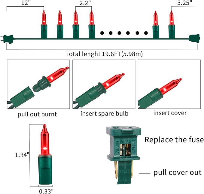 Ultra-Bright Connects End to End Red Christmas Mini Lights 100L 19.6Ft UL Listed Incandescent Bulb String Light Set for Indoor and Outdoor Holiday Garden Party Christmas Tree Garland Decor-VerdiqueGarden