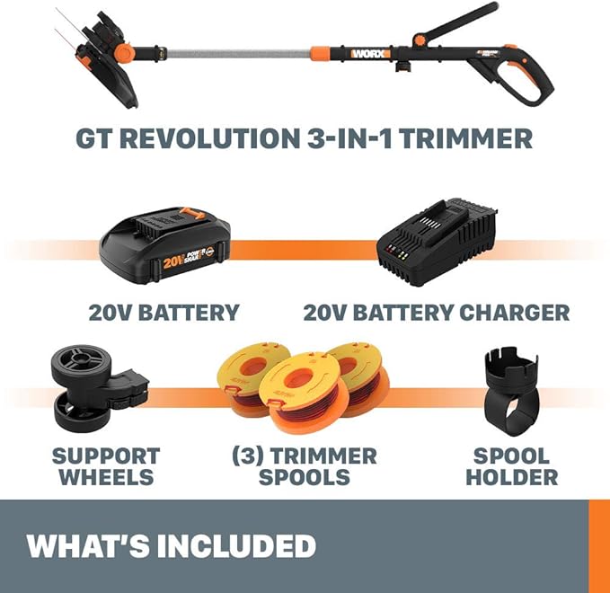 Worx GT Revolution 20V 12" String Trimmer Grass Trimmer/Edger/Mini-Mower, WG170.2-VerdiqueGarden