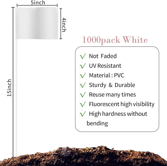 Zozen Marking Flags, White Color | 1000 Pcs/15x4x5 Inch, Yard Flags for Lawn & Irrigation & Landscape & Sprinkler & Survey & Dog Training.-VerdiqueGarden