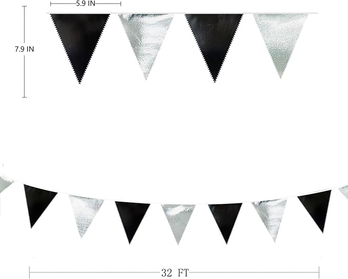 Black and Silver Party Decorations Triangle Pennant Banner Flag Metallic Fabric Bunting Garland for Birthday Graduation Retirement Wedding Bachelorette Bridal Shower Engagement Disco Party Supplies-VerdiqueGarden