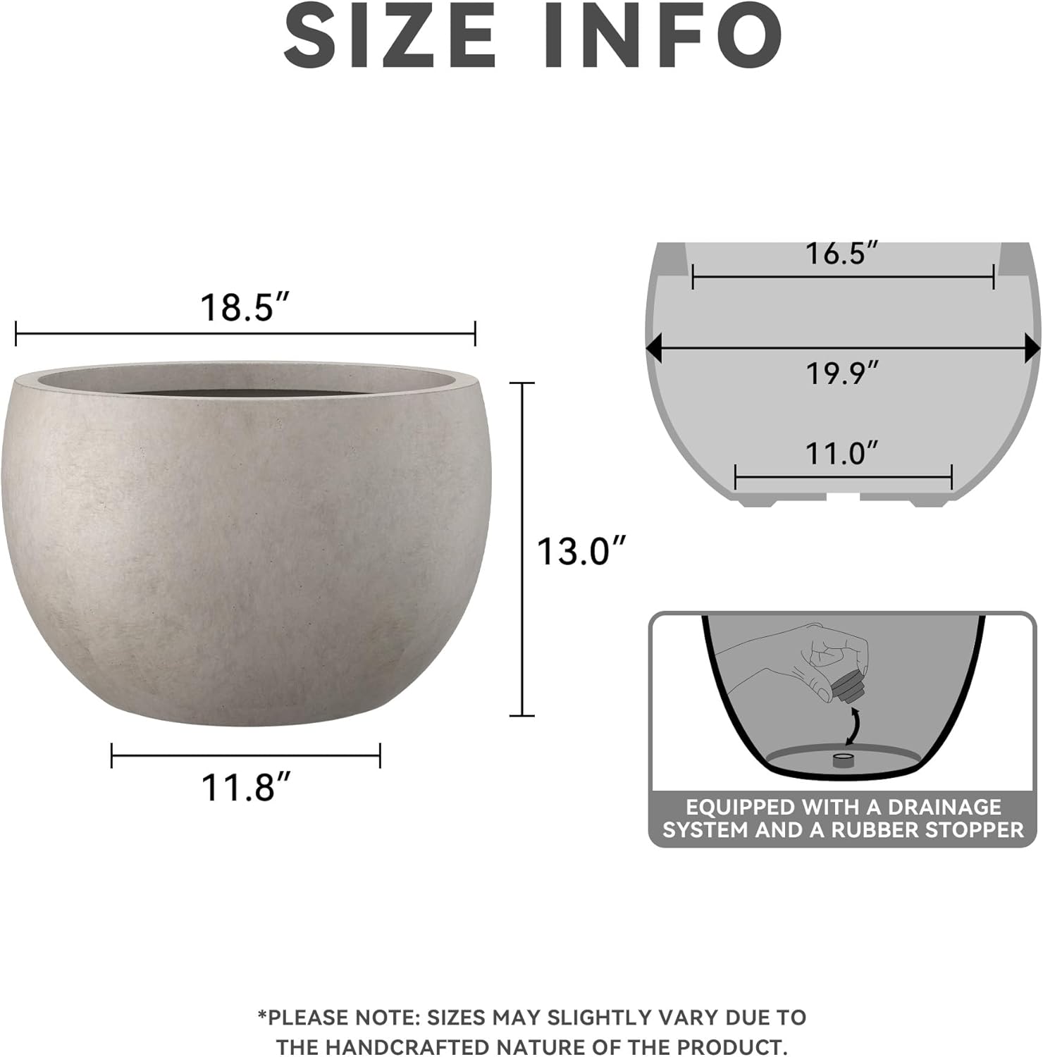 Kante 19.9" Dia Round Concrete Planter, Outdoor/Indoor Large Bowl Plant Pots with Drainage Hole and Rubber Plug for Garden Patio Balcony Home, Weathered Concrete-VerdiqueGarden