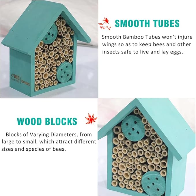 Mason Bee Houses Outdoor Wooden Blue Bee Hotel for Garden and Yard Hand-Made Bamboo Bee Hive for Bees Butterflies and Ladybugs, Medium Size 8"x7.5"x5"-VerdiqueGarden