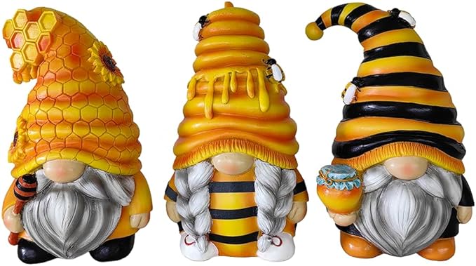 Spring & Summer-Themed Garden Statues – Adorable Outdoor Decor for Lawn, Patio & Porch (Buzzy Trio Set of Three Bumble Bee Gnome Figurines, 6" Tiered Tray Home or Garden Decoration)-VerdiqueGarden