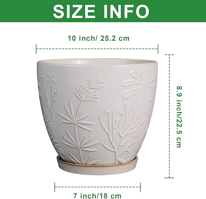 10 Inch Plant Pot Ceramic Planter Pot with Drainage Hole and Saucer Round Planter Large Flower Pot for Indoor Outdoor Plants Home Garden Decor White-VerdiqueGarden