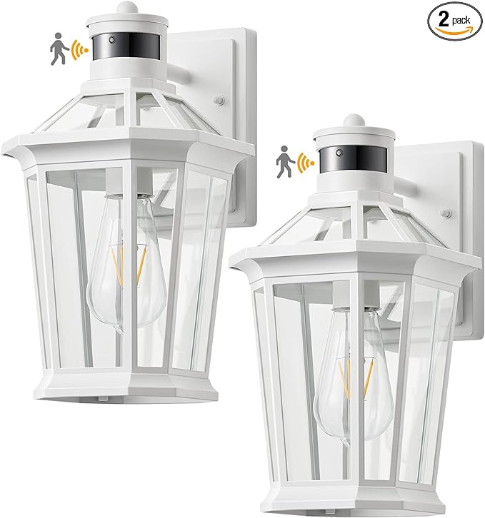 VIANIS Motion Sensor Outdoor Light Fixtures Wall Mount, 2 Pack White Dusk to Dawn Exterior Wall Lantern, Anti-Rust Wall Mount Lighting with Clear Glass Shade for House, Entryway, Front Door-VerdiqueGarden
