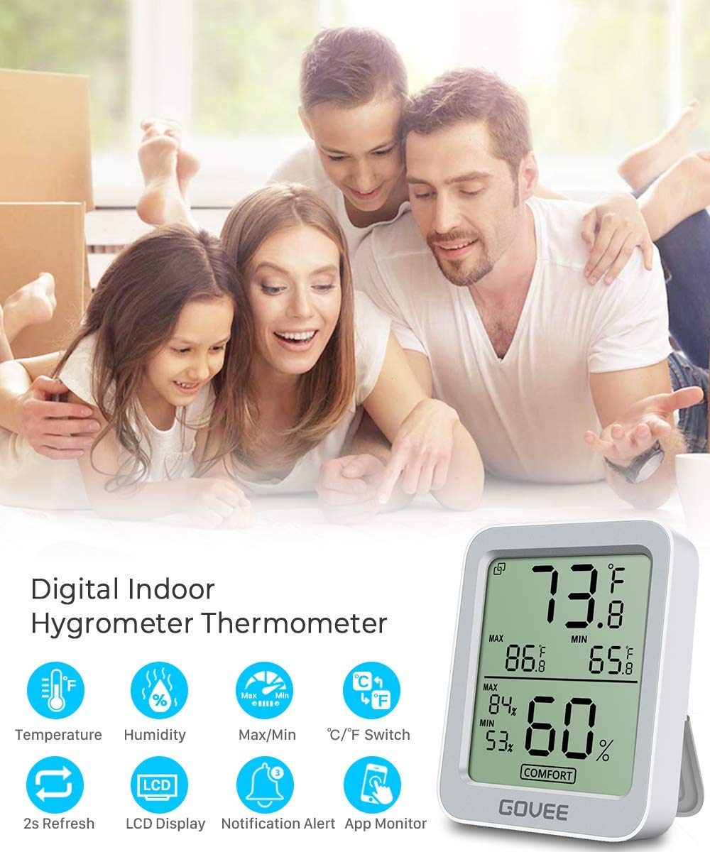Govee Bluetooth Digital Hygrometer Indoor Thermometer, Room Humidity and Temperature Sensor Gauge with Remote App Monitoring, Large LCD Display, Notification Alerts, 2 Years Data Storage Export, Grey-VerdiqueGarden