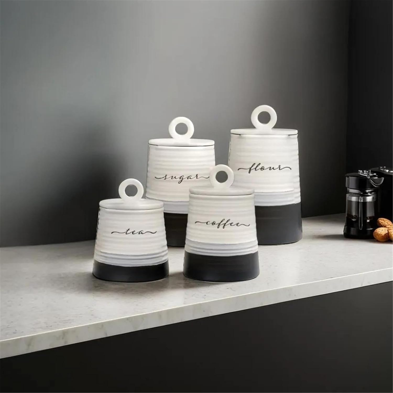 Young's Inc. 4 Pcs Set Rustic Modern Ceramic Canisters- Storage Container for Kitchen and Bathroom - Beautiful Home Decor Accent to Store Food, Coffee, Tea, and More - Black, White-VerdiqueGarden