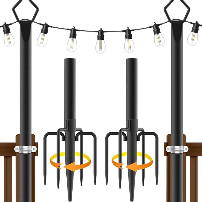 10Ft String Light Poles 2 Pack,Light Poles for Outside Lights,Outdoor with Fence Brackets Hanging Lights,Metal Stand Deck Patio Backyard-VerdiqueGarden
