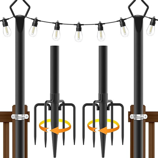 10Ft String Light Poles 2 Pack,Light Poles for Outside Lights,Outdoor with Fence Brackets Hanging Lights,Metal Stand Deck Patio Backyard-VerdiqueGarden