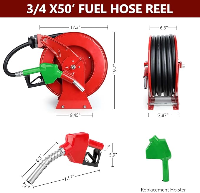 Fuel Hose Reel with Fueling Nozzle, 3/4" x 50FT Retractable Diesel Hose Reel, 300 PSI Industrial Heavy Duty Auto Swivel Rewind Hose Holder Reels, for Vehicle Tank Truck Trailer Ship-VerdiqueGarden