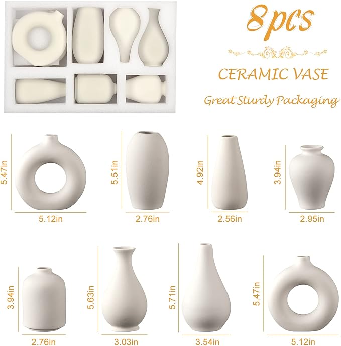 Ceramic Bud Vase Set of 8, Small Vase for Flowers, White Mini Bud Vase in Bulk for Centerpieces, Rustic White Ceramic Vase Set for Flowers, Room Décor, Wedding Party-VerdiqueGarden