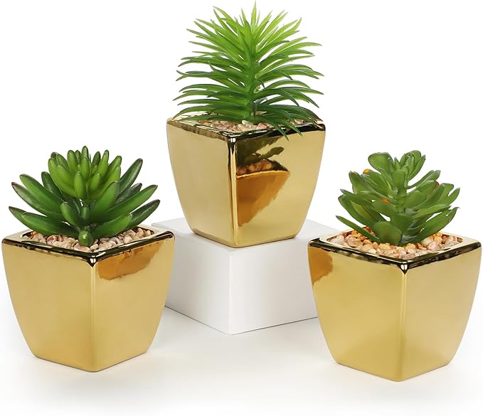 Hollyone Small Succulents Artificial 3 Pcs Faux Succulents with Gold Pots Mini Fake Succulent Plants Indoor Plant Ceramic Pots for Modern Office Desk Bathroom Shelf Living Room Home Decor-VerdiqueGarden