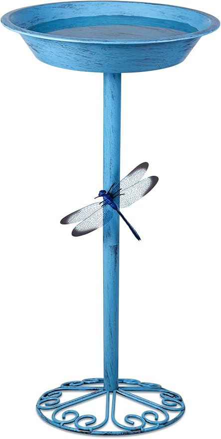 Bird Baths for Outdoors 25.5 Inch Height Outdoor Garden Bird Feeder Metal Birdbath with Dragonfly for Garden Yard and Lawn Decoration,Blue-VerdiqueGarden