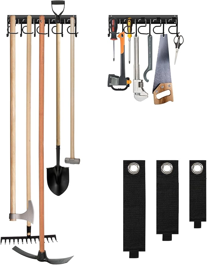 LEYU Metal Garage Tool Organizer Wall Mount, 2 Pack Garden Tool Organizer With Extension Cord Straps, Garage Organization Hooks and Hangers for Shed, Yard Storage, Wall Holder for Hanging Broom Mop-VerdiqueGarden