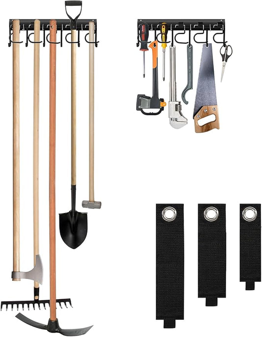 LEYU Metal Garage Tool Organizer Wall Mount, 2 Pack Garden Tool Organizer With Extension Cord Straps, Garage Organization Hooks and Hangers for Shed, Yard Storage, Wall Holder for Hanging Broom Mop-VerdiqueGarden