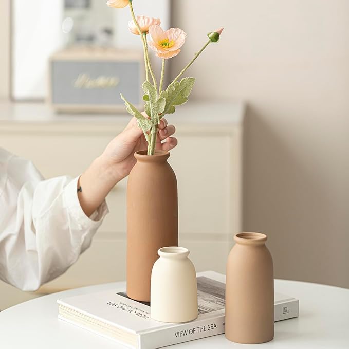 Ceramic Vase Set-3, Small Flower Vases for Decor, Modern Boho Farmhouse Style, Decorative Vases for Pampas Grass & Dried Flowers, Distressed Finish (Earth Tone)-VerdiqueGarden