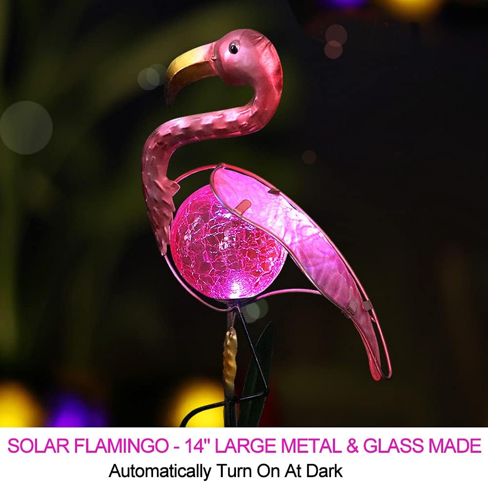 Bright Zeal 14" Big Metal Outdoor Solar Lights Waterproof Flamingo Garden LED Stake Light - Solar Pink Flamingos Yard Ornaments - Stake Lights Yard Decor Metal Yard Art-VerdiqueGarden