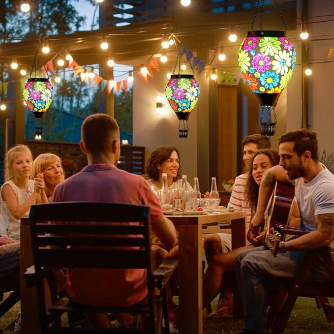 Starsoul Mosaic Flowers Hot Air Balloon Solar Lantern Glass Outdoor Hanging Hot Air Balloon Solar Flickering Flame Light Waterproof Garden Patio Yard Party Decorations-VerdiqueGarden