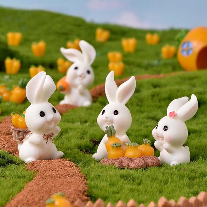 21Pcs Mini Rabbit and Carrot Figurines 1inch Cute Resin Bunny Cake Toppers for DIY Fairy Garden Dollhouse Moss Landscape Crafts Easter Decors-VerdiqueGarden