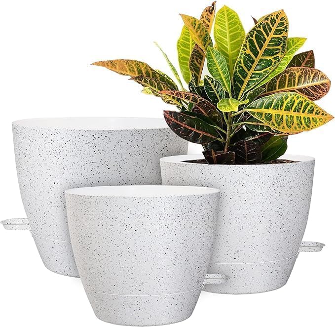 10/9/8 inch Self Watering Pots, Set of 3 Plastic Planters with Mesh Drainage Holes and Deep Reservoir for Indoor Outdoor Garden Plants and Flowers, White Speckles-VerdiqueGarden