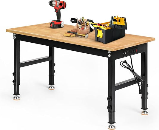 Adjustable Height Workbench, 48" Rubber Wood Top Heavy Duty Workstation with Power Outlets, 2000 LBS Load Capacity Hardwood Worktable for Workshop, Garage, Office, Home, Commercial-VerdiqueGarden