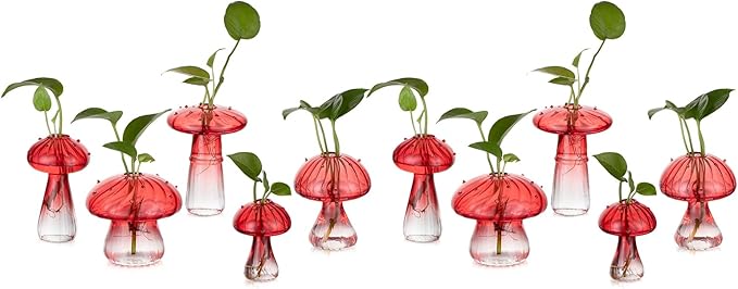 Glasseam Mushroom Plant Propagation Stations: Red Glass Terrarium Jar Set of 10 Cute Planters for Indoor Plants Mini Propagate Station Unique Christmas Birthday Gifts for Women Home Office Decor-VerdiqueGarden