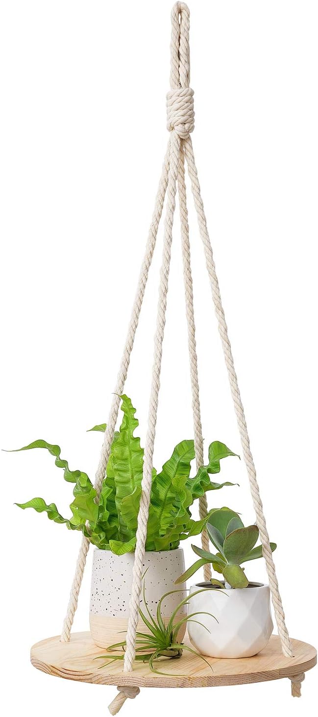 Dahey Hanging Plant Shelf Round Wood Rope Hanging Floating Shelf Vintage Home Decor Display Planter Rack for Living Room Bedroom Kitchen Room,Nature-VerdiqueGarden