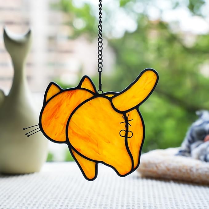 Orange Cat Decor Stained Glass Suncatcher for Window,Funny Cat Gifts for Cat Lovers Stained Glass Window Hanging,Cat Themed Gifts Cat Lovers Gifts for Women Girls Friends Mom-VerdiqueGarden
