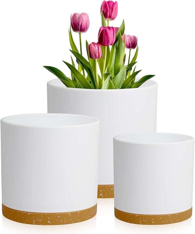 10/8/6 inch Deep Plant Pots, 3 Pack Cylindrical Large Flower Pots for Outdoor Indoor Plants, Tall Plastic Planters with Drainage Holes and Saucers for Garden House Plants, White with Brown-VerdiqueGarden