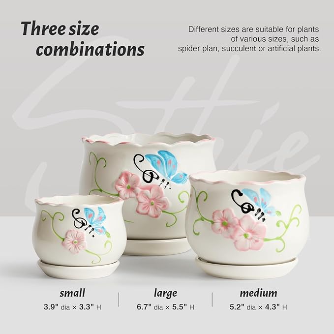 Ceramic Plant Pots with Drainage Holes and Saucers, Round Flower Pots for Indoor Plant, 3.9/5.2/6.7 Inches Flower Large Planters Set of 3-VerdiqueGarden