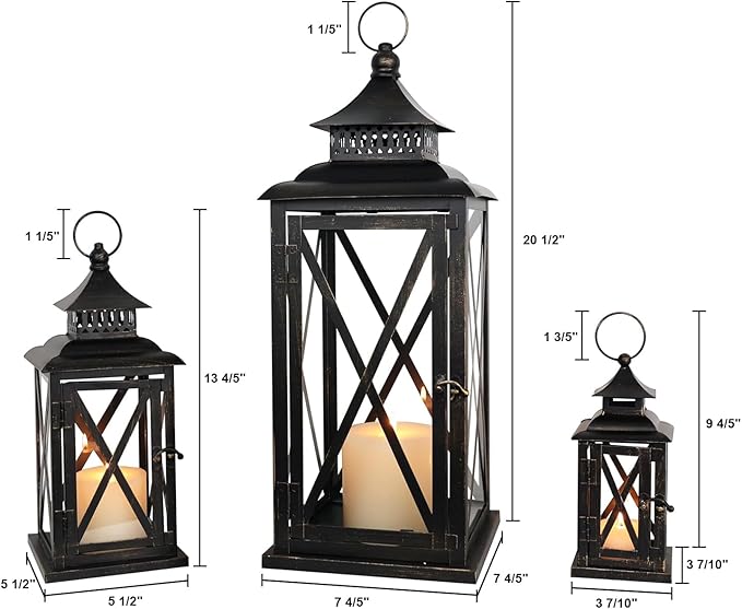 DECORKEY 3PCS (20’’&13’’&9’’) Lanterns Decorative Indoor & Outdoor, Vintage Metal Frame Candle Holders for Front Porch, Patio, Pathway, Balcony, Garden, Yard Decor, Halloween Christmas Decorations-VerdiqueGarden