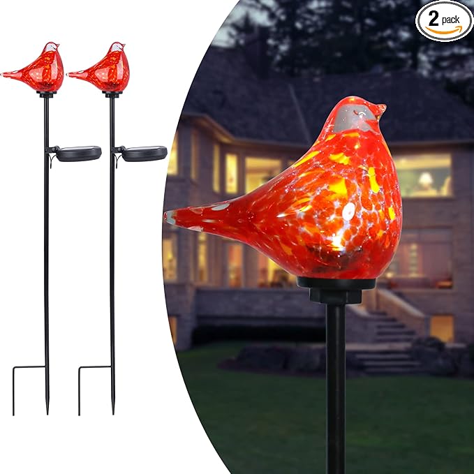 Afirst Solar Outdoor Lights - Decorative Solar Stake Lights Cardinal Handblown Glass Garden Stakes, Waterproof for Pathway Decoration, 2 Pack-VerdiqueGarden