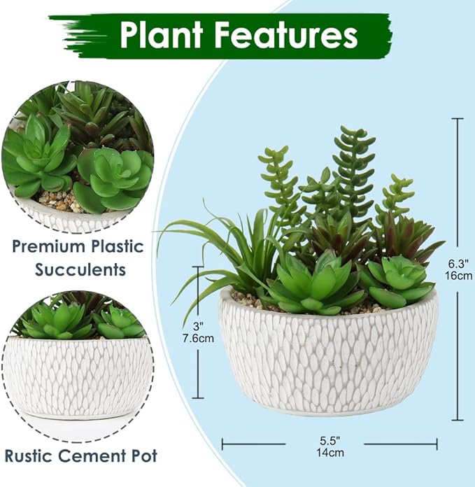 Briful Small Fake Plants Assorted Faux Succulents in Pots Realistic Succulents Plants Artificial with Cement Pots for Home Table Office Desk Bathroom Shelf Living Room Decor-VerdiqueGarden