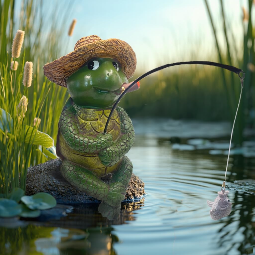Tortoise Fishing Statue Garden Decor，9.8" Weatherproof Resin Tortoise Fishing Sculpture Decor for Fish Ponds, Koi Ponds, Waterfalls, Poolside Outdoor Gardens Resin Figurine for Indoor Outdoor Décor-VerdiqueGarden