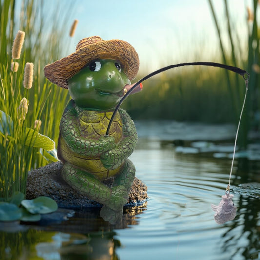 Tortoise Fishing Statue Garden Decor，9.8" Weatherproof Resin Tortoise Fishing Sculpture Decor for Fish Ponds, Koi Ponds, Waterfalls, Poolside Outdoor Gardens Resin Figurine for Indoor Outdoor Décor-VerdiqueGarden