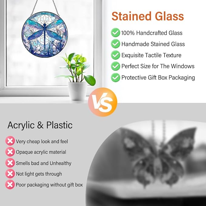 Dragonfly Decor Suncatcher Stained Glass Window Hanging - Handmade Artistic Suncatchers for Windows Hanging - Wall Home Decor Suncatcher with Metal Chain and Hook Gift for Women Mom Home Porch Garden-VerdiqueGarden