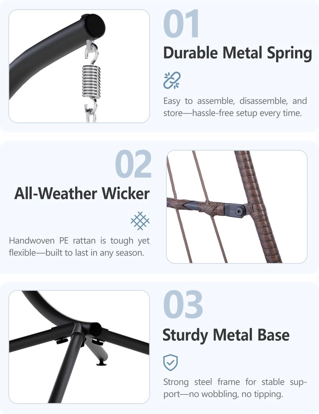 SWITTE Egg Chair Outdoor with Stand, Indoor Wicker Hanging Egg Swing Chair with Cushion, 350lbs Capacity for Patio, Bedroom, Garden - Brown-VerdiqueGarden